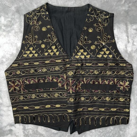 Jou Jou Jackets & Blazers - Jou Jou Vintage Womens M Vest Embellish Pockets Gold Metallic Thread Buckle Back